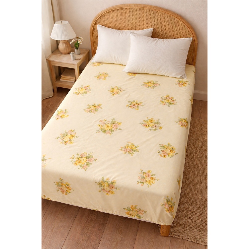 Vintage JCPenney Penn-Prest Twin Fitted Sheet Yellow Floral Bows Percale Cotton